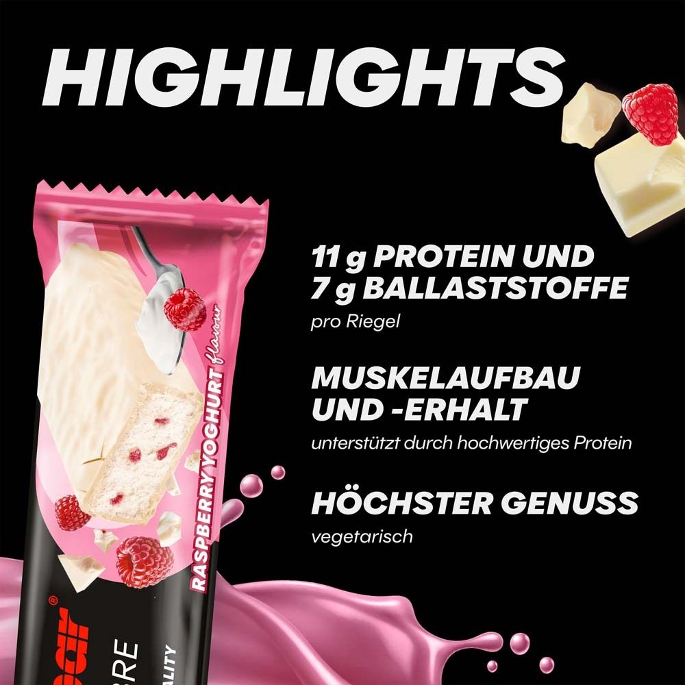 Proteinriegel mit Himbeer-Joghurt-Geschmack. Rosa Verpackung. Text: '11g Protein und 7g Ballaststoffe pro Riegel'.