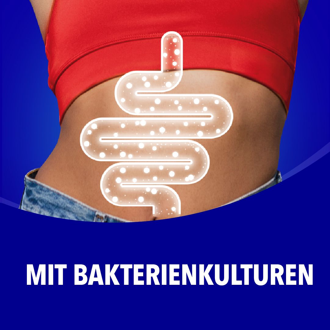 Grafik: Frau mit Bauch. Grafik: Darm mit Bakterien. Text: MIT BAKTERIENKULTUREN.