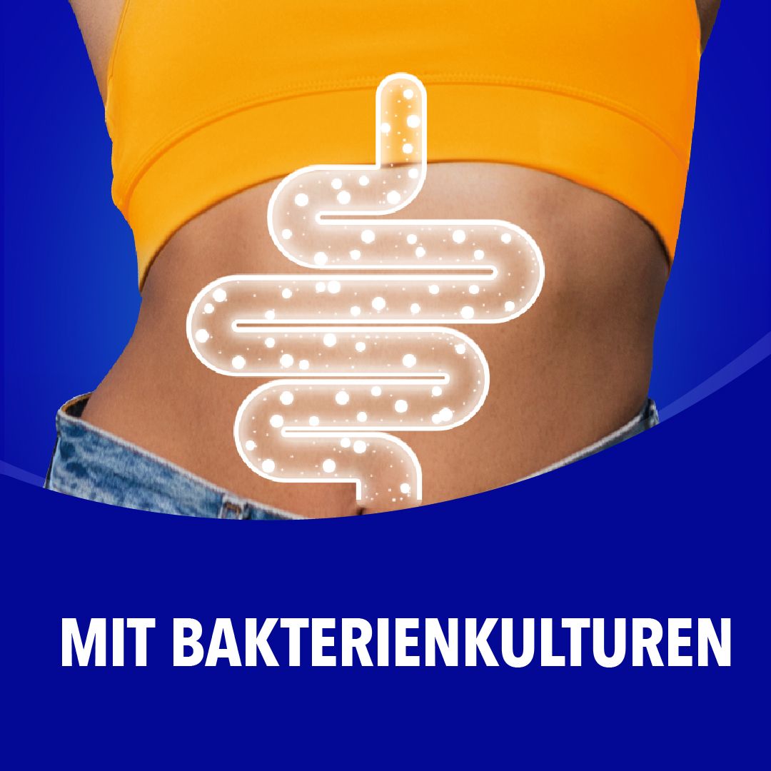 Grafik eines Darms mit Bakterienkulturen. Text: Mit Bakterienkulturen.