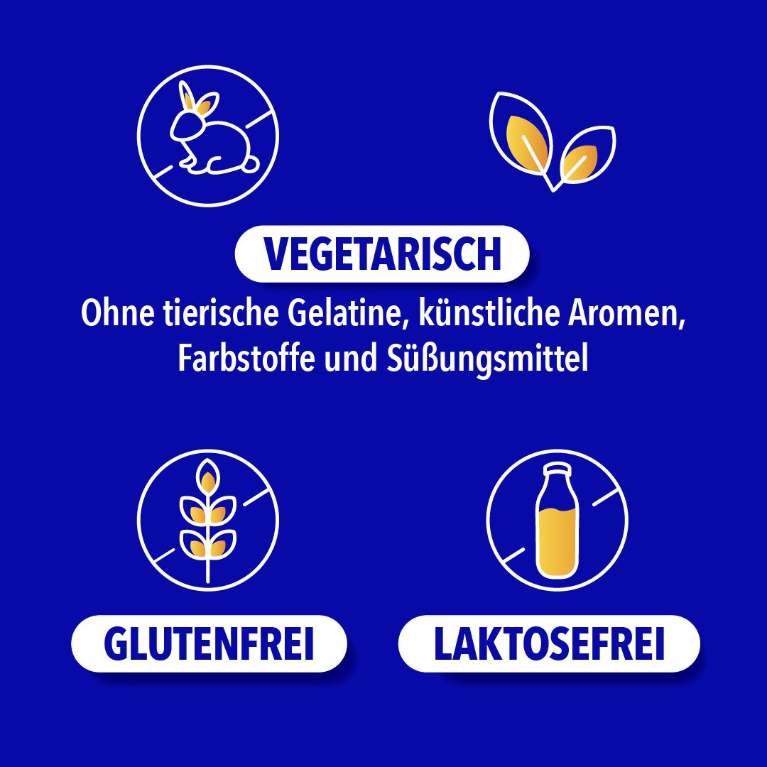 Icons: Hase, Blätter, Ähre, Flasche. Text: Vegetarisch, Glutenfrei, Laktosefrei.