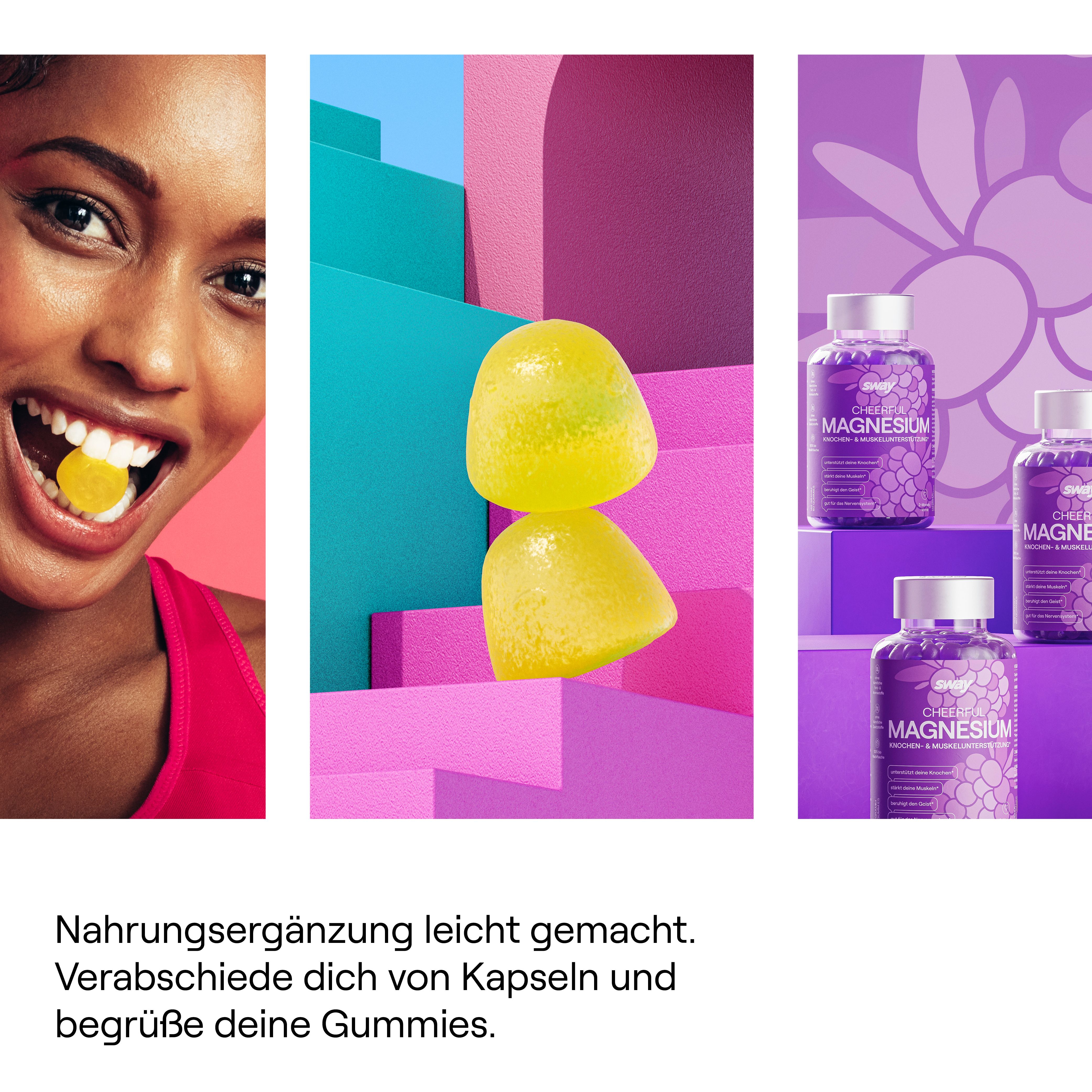 Frau isst Gummibärchen. Daneben Gummibärchen und Flaschen mit Sway Cheerful Magnesium. Text: Nahrungsergänzung leicht gemacht.