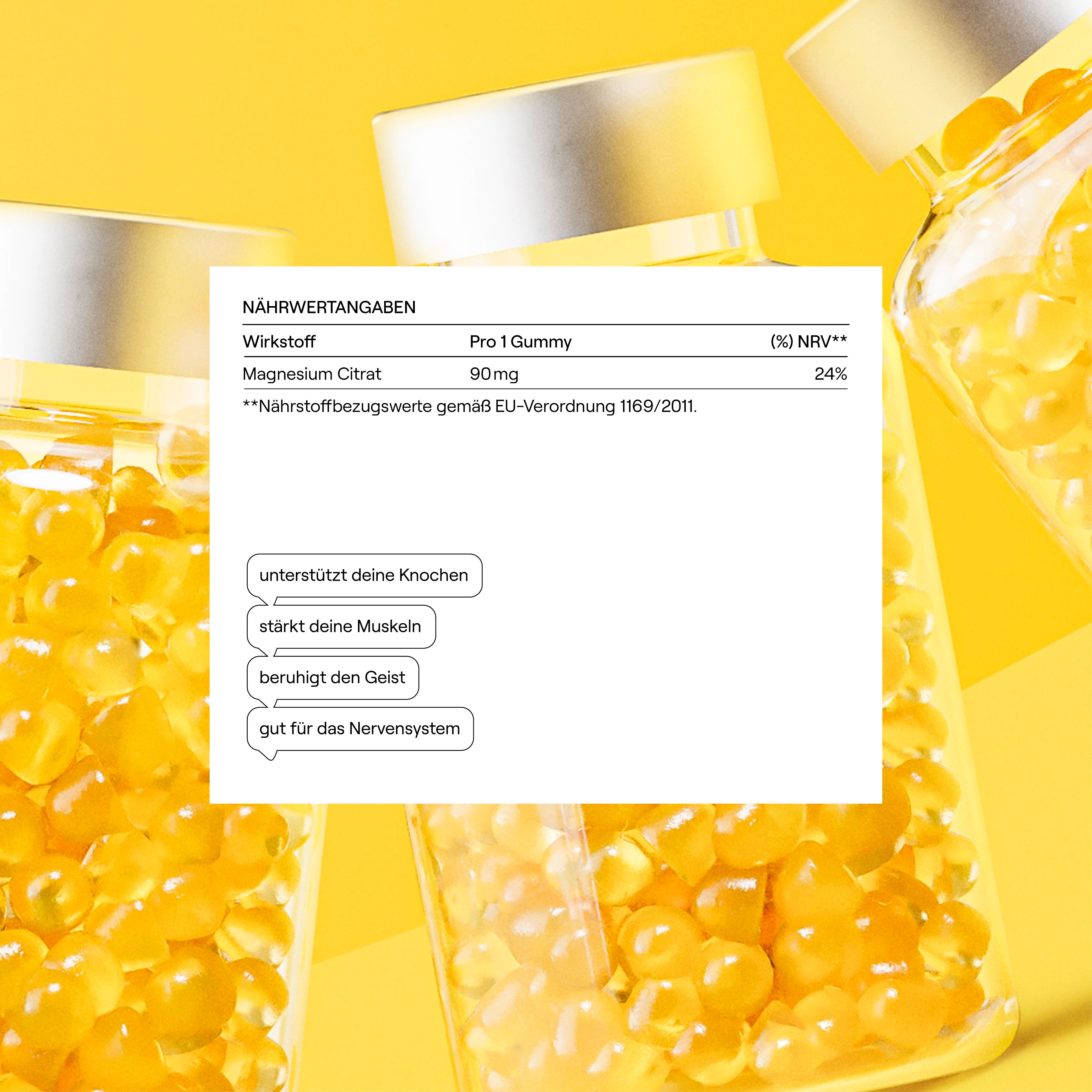 Nahaufnahme von Flaschen mit Sway Cheerful Magnesium. Text: Nährwertangaben. Inhaltsstoffe: Magnesium Citrat 90mg.