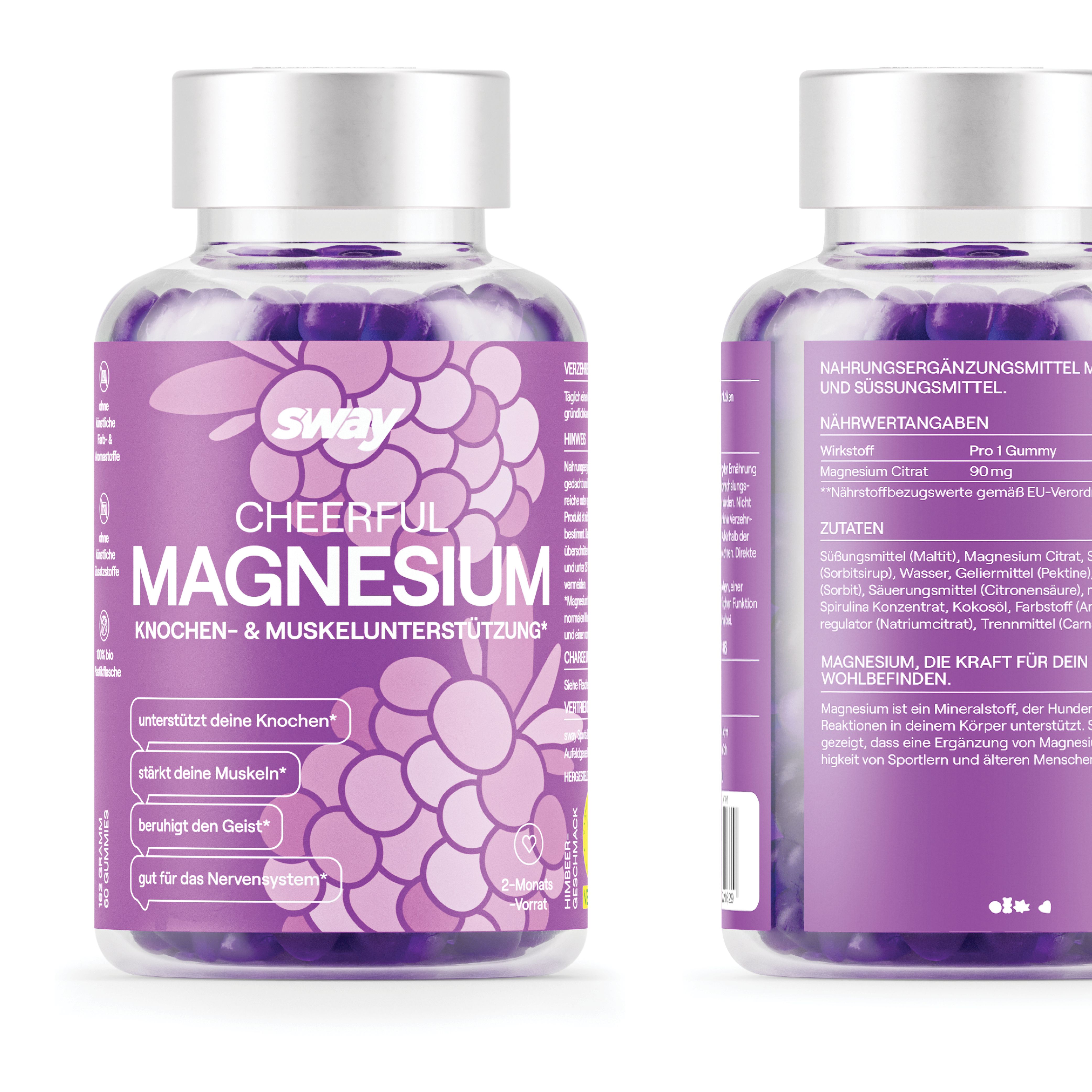 Zwei Flaschen Sway Cheerful Magnesium. Aufschrift: Knochen- & Muskelunterstützung. Text: unterstützt deine Knochen, stärkt deine Muskeln, beruhigt den Geist.
