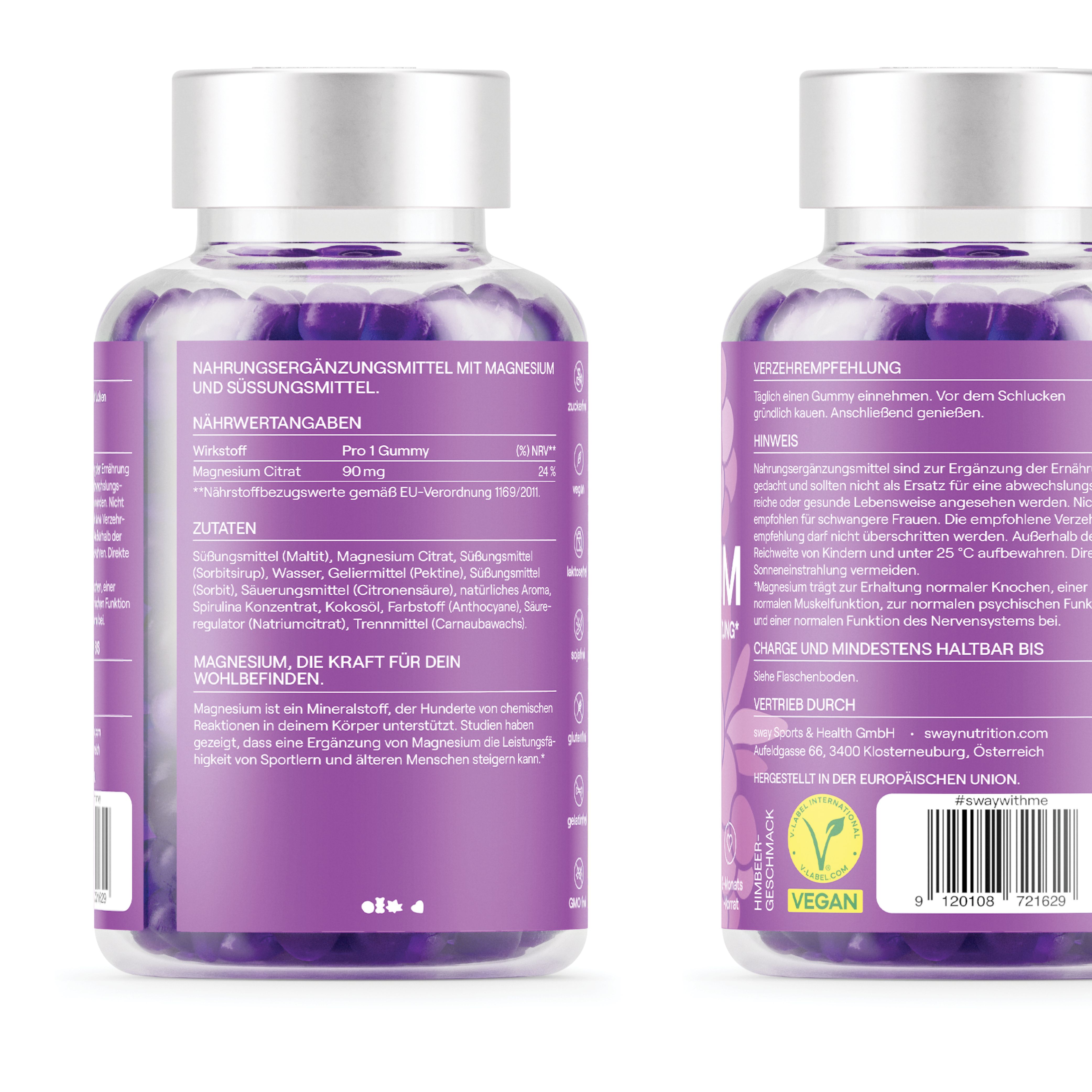 Zwei Flaschen Sway Cheerful Magnesium. Aufschrift: Nährwertangaben, Inhaltsstoffe, Magnesium, die Kraft für dein Wohlbefinden. Vegan-Siegel.
