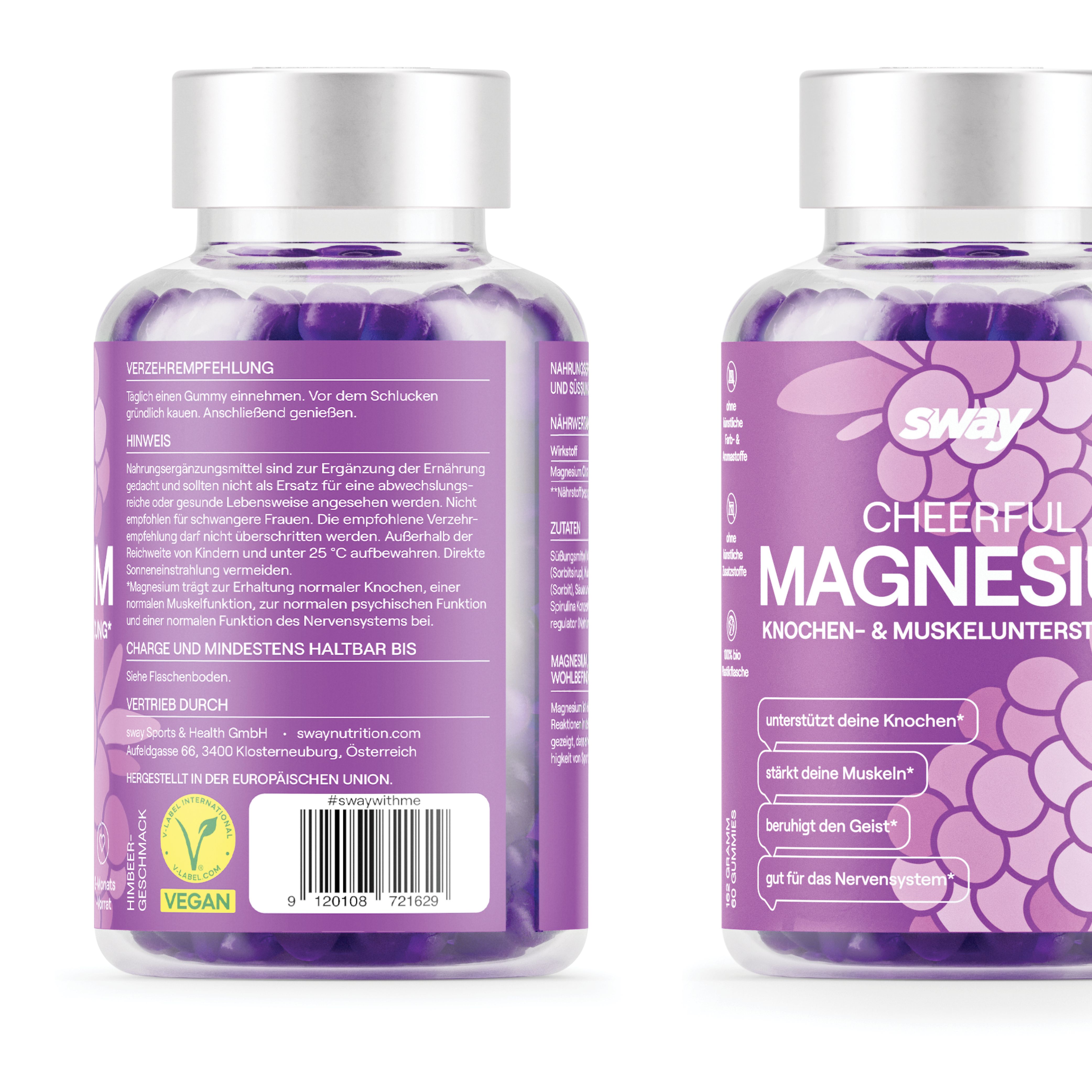 Zwei Flaschen Sway Cheerful Magnesium. Aufschrift: Verzehrempfehlung, Hinweise. Vegan-Siegel. Mindestens haltbar bis.