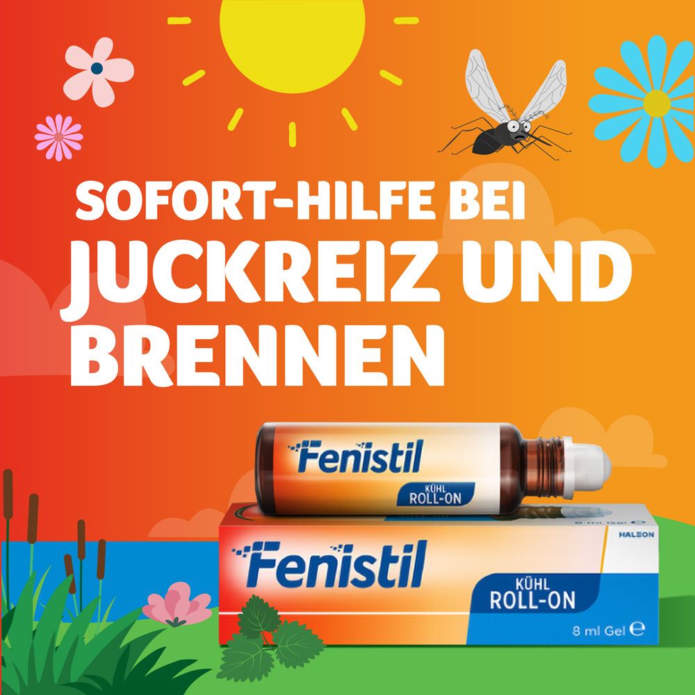 Fenistil Kühl Roll-on und Verpackung. Orangefarbener Hintergrund mit Sonne, Mücke und Blumen. Soforthilfe bei Juckreiz.