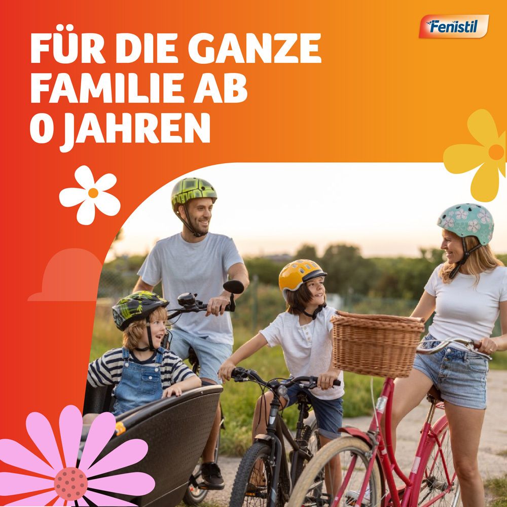 Grafik mit Symbolen für Insektenstiche, Sonnenbrand und Brennnesselkontakt. Grüner Hintergrund mit Blumen.