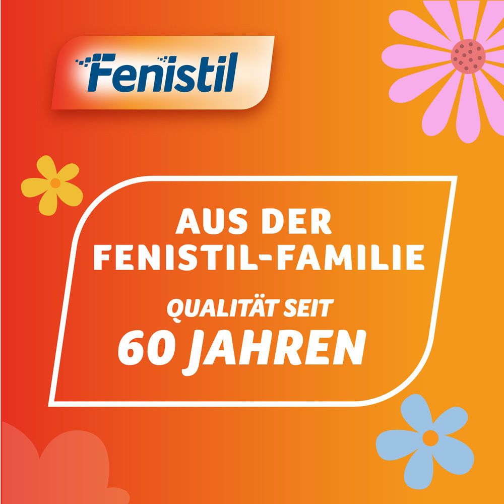 Orangefarbener Hintergrund mit Blumen. Text: Aus der Fenistil-Familie. Qualität seit 60 Jahren.