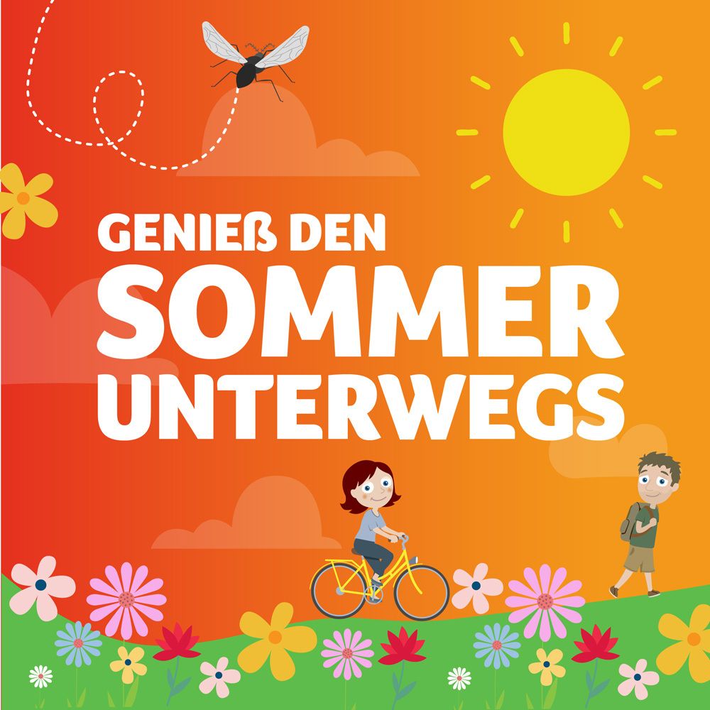 Kinder fahren Fahrrad. Hintergrund: orangefarben mit Sonne, Blumen und Mücke. Text: Genieße den Sommer unterwegs.