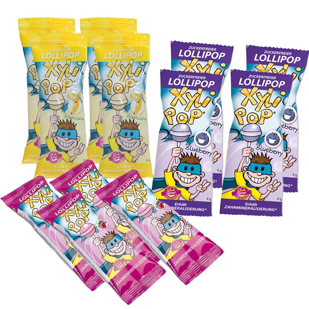 Miradent XyliPOP Lolli Zahnpflege-Lolli Erdbeere + Blaubeere + Banana