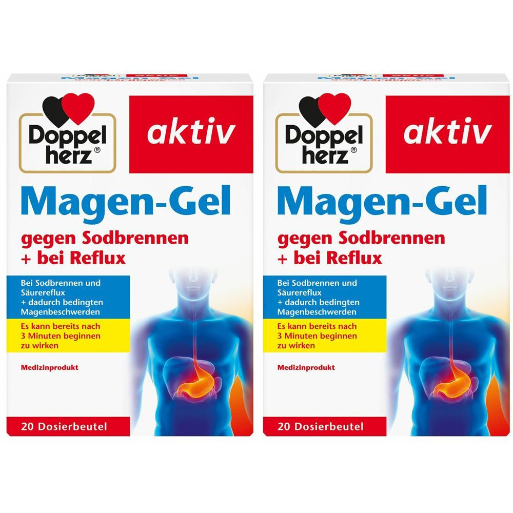 Zwei Packungen Doppelherz Magen-Gel. Aufschrift: gegen Sodbrennen + bei Reflux. Medizinprodukt. 20 Dosierbeutel.