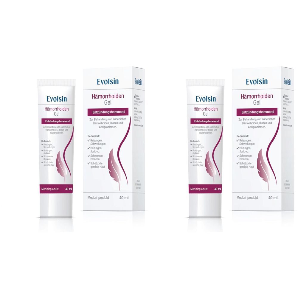 Zwei Tuben und zwei Schachteln Evolsin® Hämorrhoiden Gel. Aufschrift: Hämorrhoiden Gel, 40 ml. Medizinprodukt.