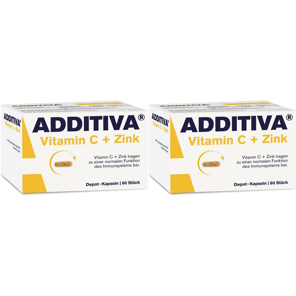 Zwei weiße Kartons mit der Aufschrift ADDITIVA Vitamin C + Zink. Text: Depot-Kapseln | 60 Stück.