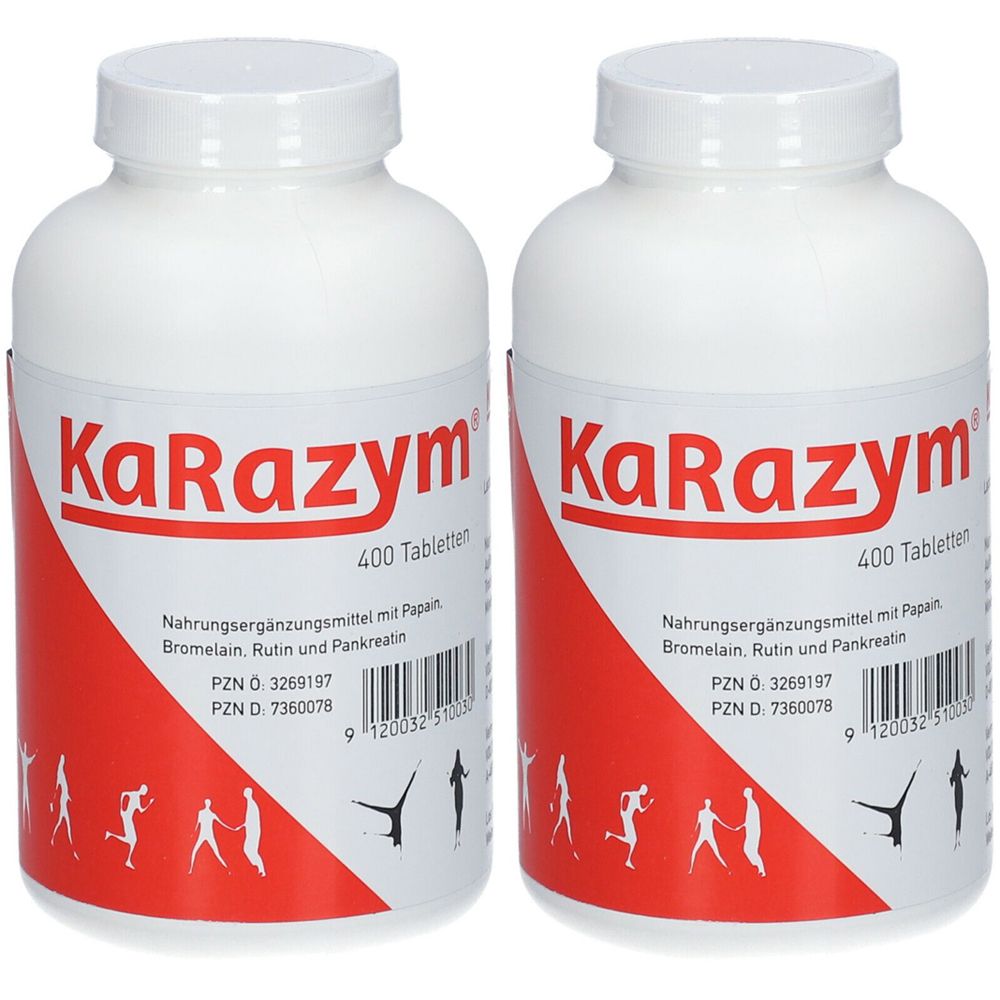 Zwei weiße Flaschen mit roter Beschriftung. Aufschrift: KaRazym, 400 Tabletten. Nahrungsergänzungsmittel mit Papain, Bromelain, Rutin und Pankreatin.