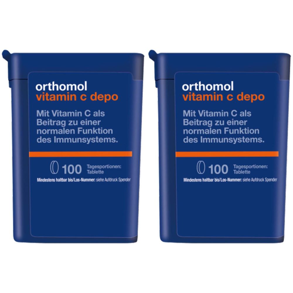 Zwei blaue Tablettenspender mit weißer Schrift. Aufschrift: Orthomol Vitamin C depo. 100 Tabletten.