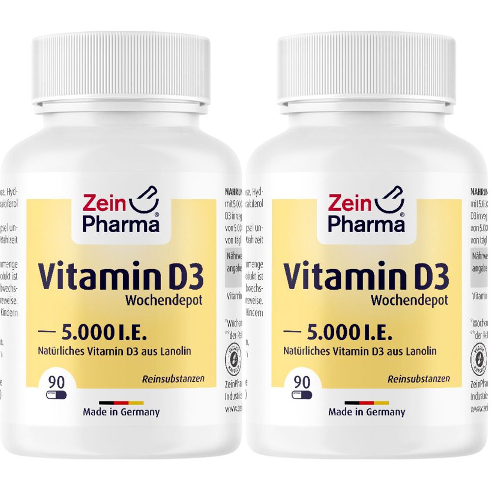 Zwei weiße Flaschen mit Schraubverschluss. Auf gelbem Hintergrund steht "Vitamin D3 Wochendepot - 5.000 I.E.". Marke: Zein Pharma.
