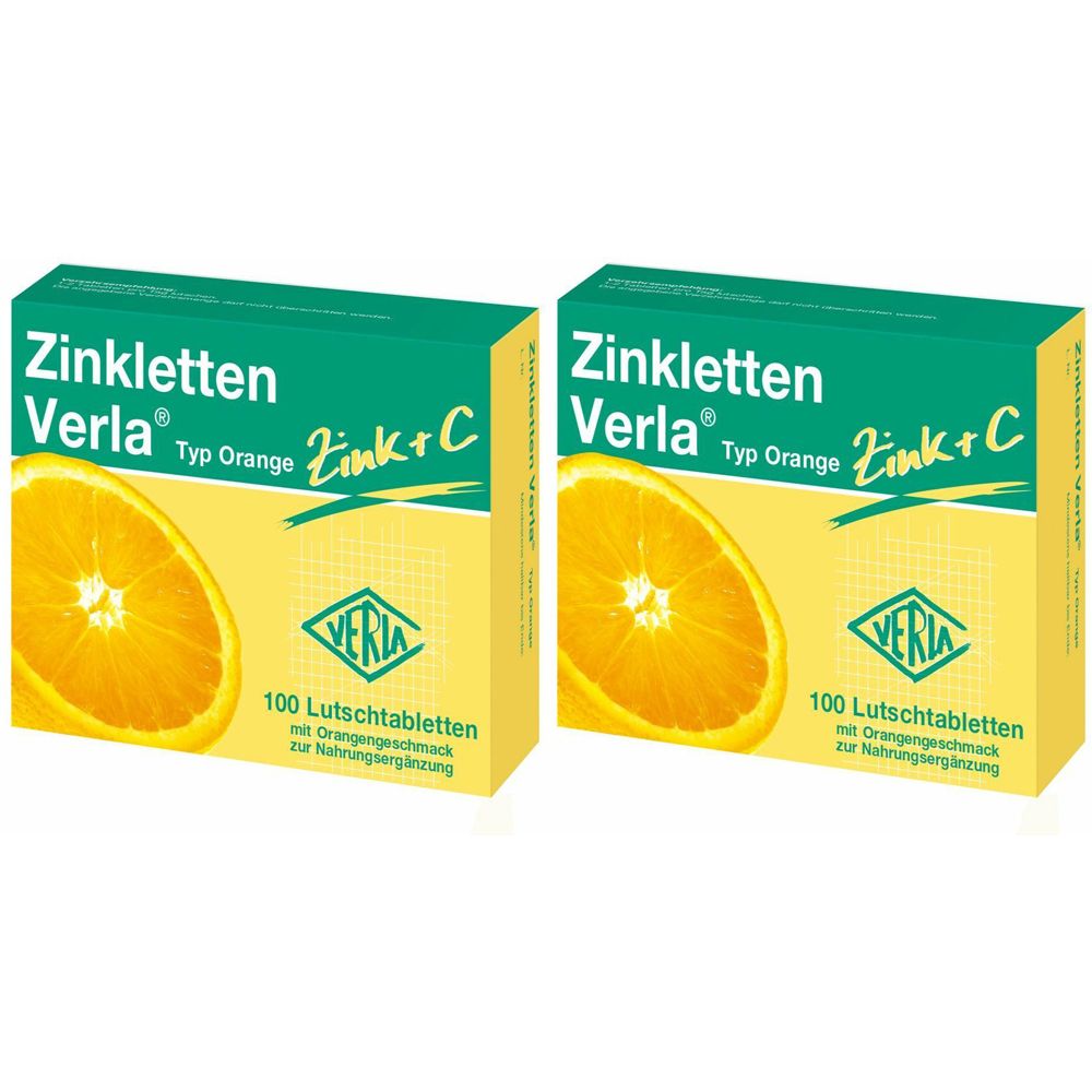 Zwei Schachteln Zinkletten Verla® Orange. Aufdruck: Zink+C, Typ Orange, 100 Lutschtabletten. Abbildung einer Orangenscheibe.
