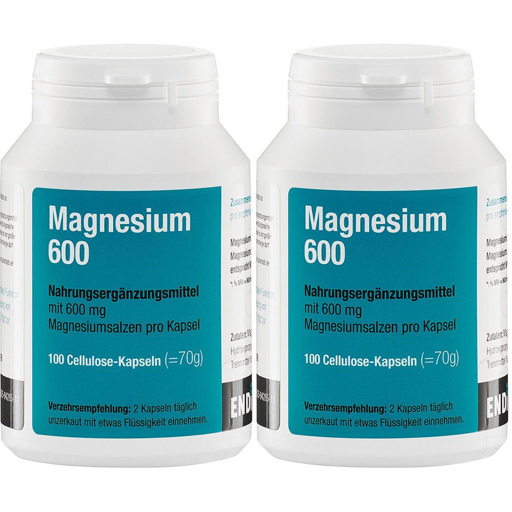 Zwei weiße Flaschen mit blau-weißem Etikett. Aufschrift: Magnesium 600, Nahrungsergänzungsmittel, 100 Cellulose-Kapseln.