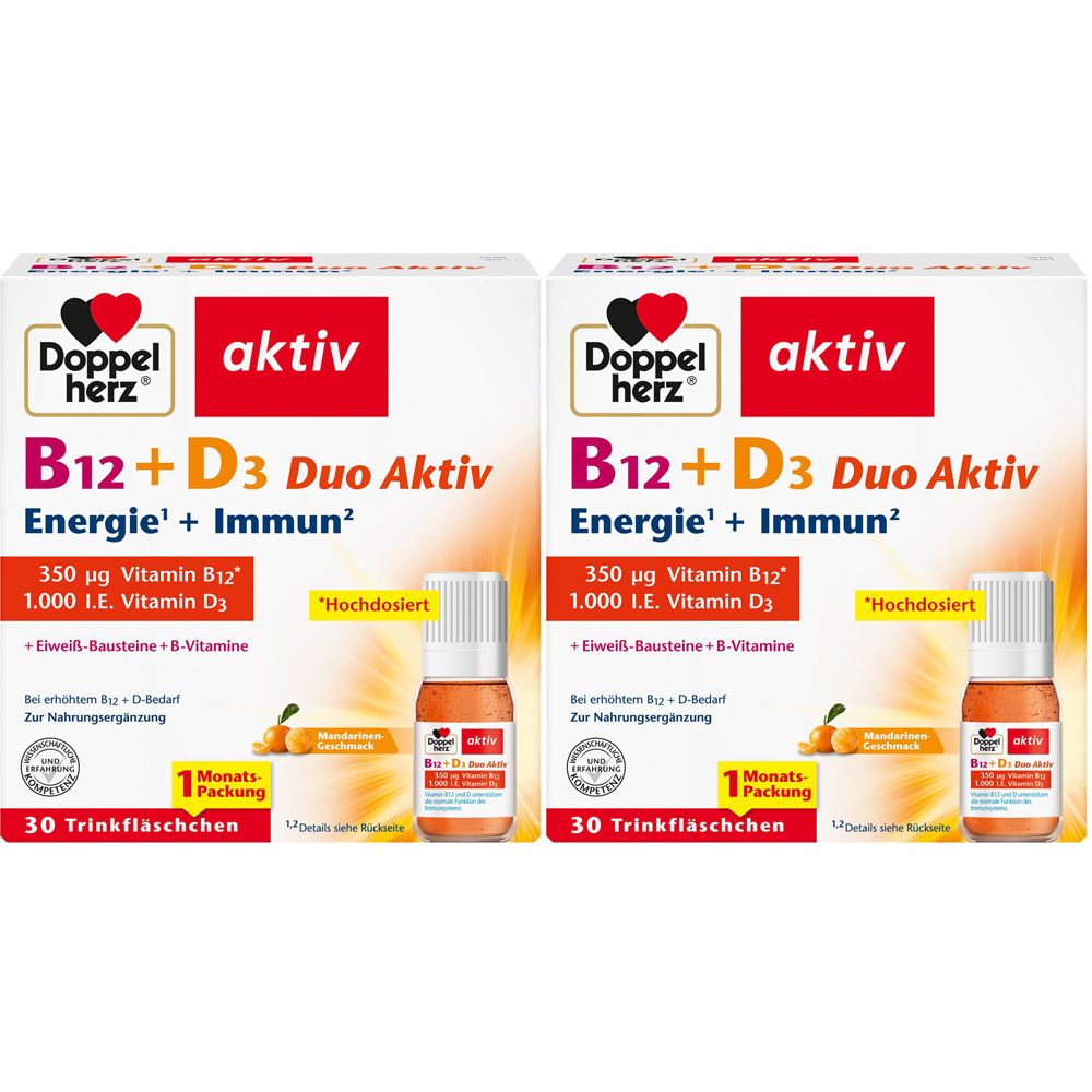 Zwei Packungen Doppelherz aktiv B12 + D3 Duo Aktiv. Aufdrucke: B12+D3 Duo Aktiv, Energie+Immun, 30 Trinkfläschchen, Monats-Packung.