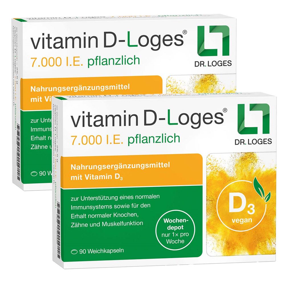 Zwei Schachteln Vitamin D-Loges 7.000 I.E. pflanzlich. Weiße Verpackung mit grünen und orangen Akzenten. Text: 'Nahrungsergänzungsmittel'.