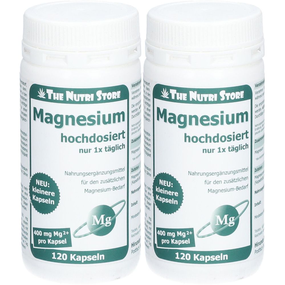 Zwei weiße Flaschen mit grünem Etikett. Aufschrift: Magnesium, hochdosiert, 400 mg Mg2+ pro Kapsel, 120 Kapseln. Marke: The Nutri Store.