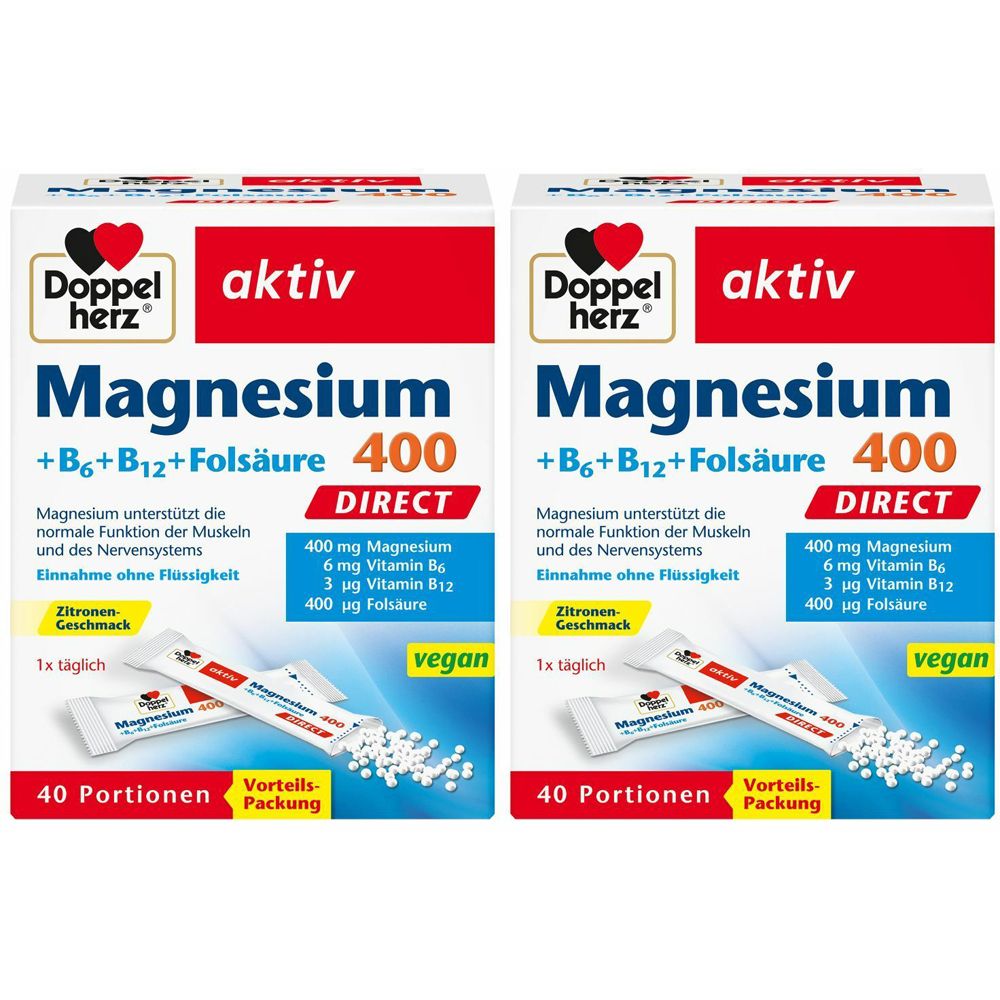 Zwei Packungen Doppelherz Magnesium 400 DIRECT. Rote und weiße Verpackung mit Produktinformationen und dem Logo. Enthält 40 Portionen.