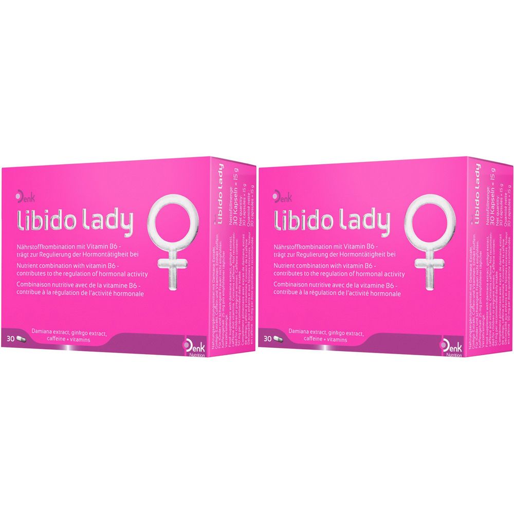 Zwei rosa Schachteln mit "Libido Lady"-Logo und weiblichem Symbol. Text in Deutsch, Englisch und Französisch. Marke: Denk.