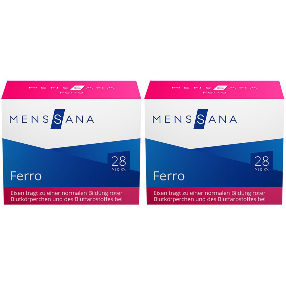 Zwei Schachteln mit der Aufschrift "MENS SANA Ferro". Jede Schachtel enthält 28 Sticks. Text: Eisen trägt zur normalen Bildung roter Blutkörperchen bei.