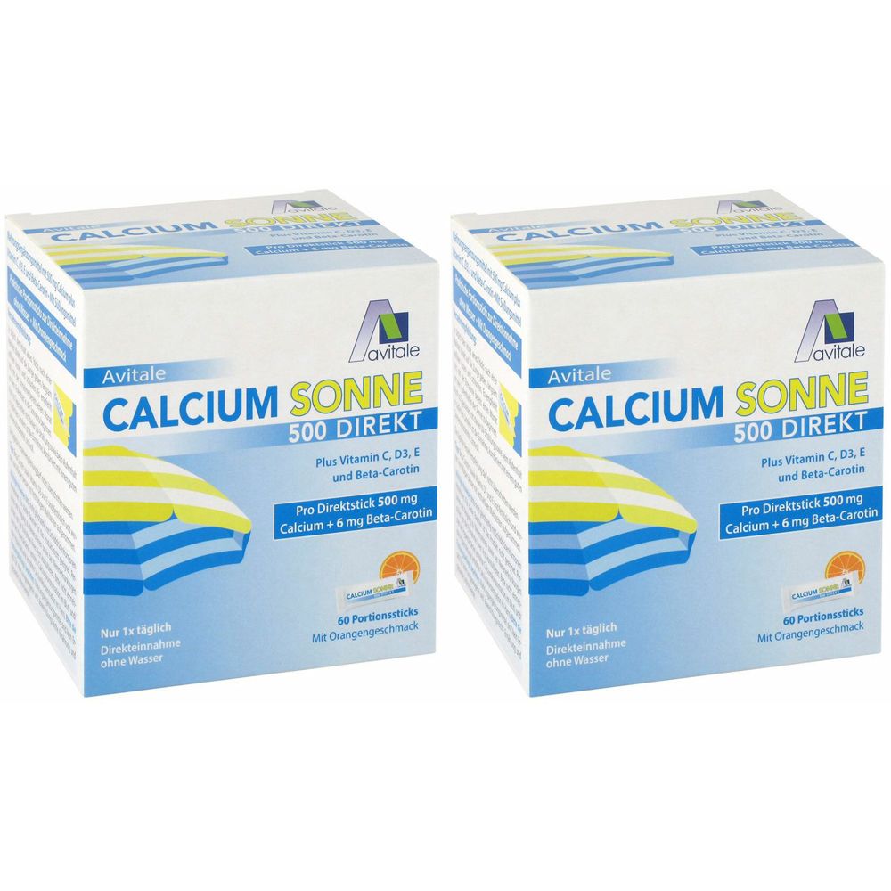 Zwei Kartons CALCIUM SONNE 500 DIREKT. Weiß, mit blau-gelbem Wellenmuster. Text: Avitale, Calcium, Sonne, 500 Direkt, Vitamin C, D3, E und Beta-Carotin.