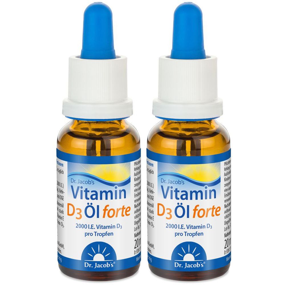 Zwei Flaschen Dr. Jacob's Vitamin D3 Öl forte mit blauen Tropfern. Etikett mit Produktinformationen.