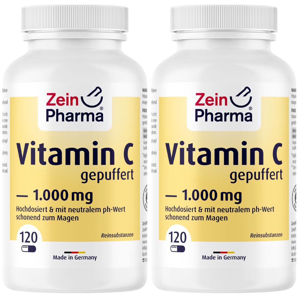 Zwei weiße Flaschen mit Zein Pharma Vitamin C. Aufschrift: Vitamin C gepuffert - 1.000 mg. 120 Tabletten. Hergestellt in Deutschland.