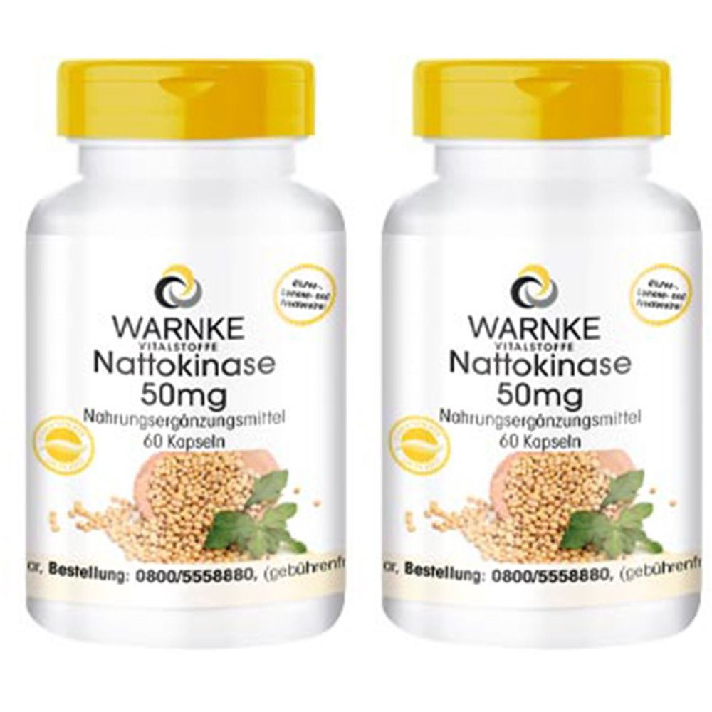 Zwei weiße Flaschen mit gelben Deckeln. Aufschrift: WARNKE Nattokinase 50mg, Nahrungsergänzungsmittel, 60 Kapseln.