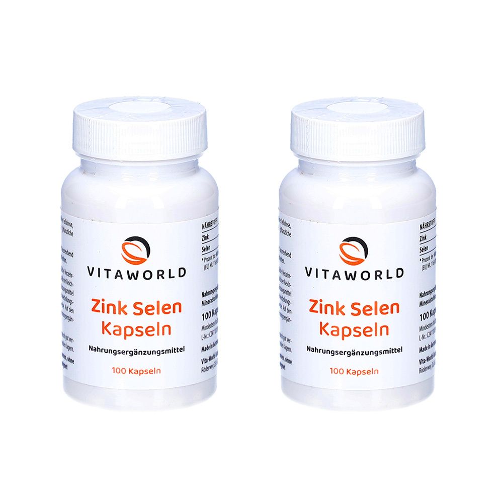 Zwei weiße Flaschen mit Schraubverschluss. Auf jeder Flasche steht "Zink Selen Kapseln".