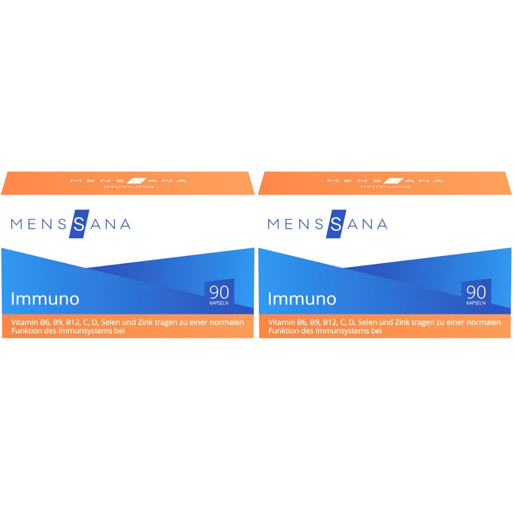 Zwei Packungen MENSSANA Immuno. Weiße Verpackung mit blauem Dreieck und orangefarbener Oberseite. Enthält 90 Kapseln.