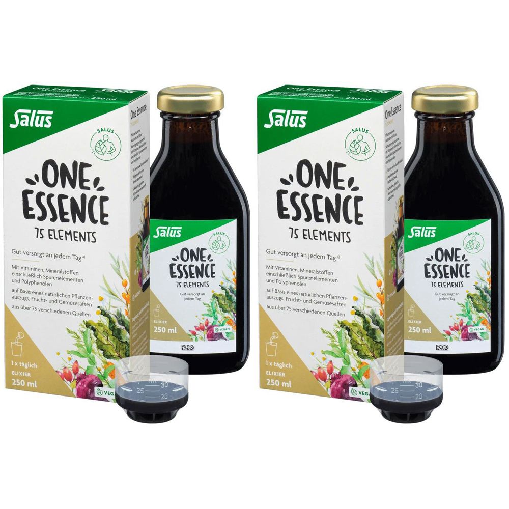Zwei Flaschen und zwei Kartons von One Essence 75 Elements. Flaschen mit goldfarbenen Deckeln, Kartons mit grüner Schrift und Produktnamen.