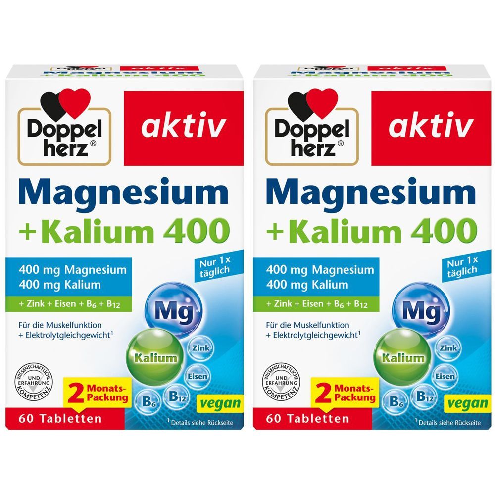 Zwei Packungen Doppelherz aktiv Magnesium + Kalium 400. Enthält 400 mg Magnesium und Kalium. 60 Tabletten. Vegan.