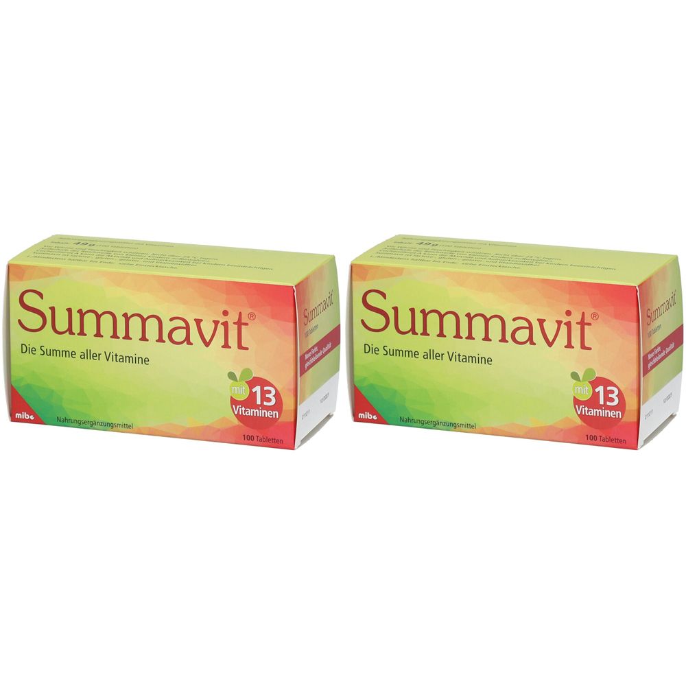 Zwei rechteckige Kartons mit der Aufschrift "Summavit". Aufschrift "Die Summe aller Vitamine" und "13 Vitamine".