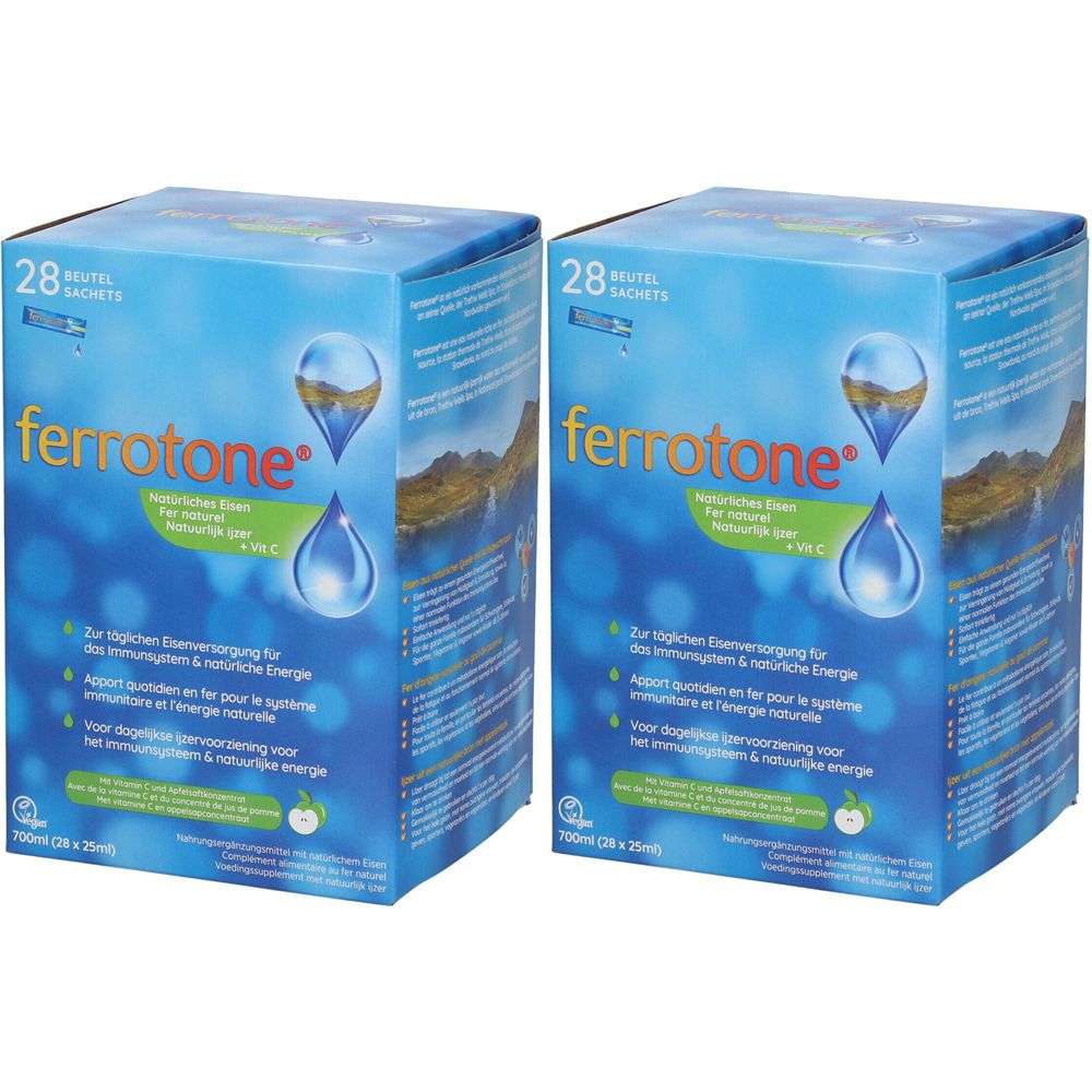 Zwei blaue Kartons mit "ferrotone®"-Logo und Produktinformationen. Aufschrift: "Natürliches Eisen". 28 Sachets.