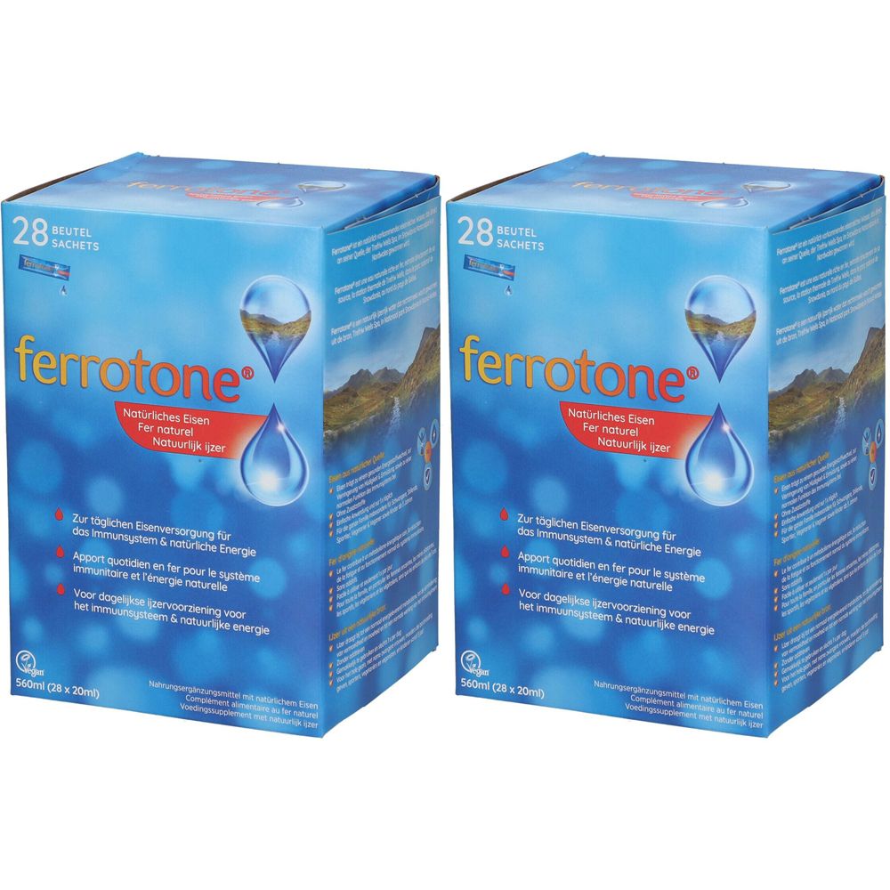 Zwei blaue Kartons mit "ferrotone®". Aufschrift: Natürliches Eisen. 28 Beutel. Wasserfall-Design.