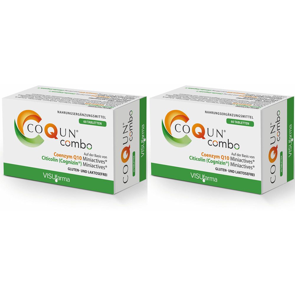 Zwei Schachteln COQUN combo. Aufschrift: Coenzym Q10 Miniactives, Citicolin Miniactives. Grün-weißes Design. VISUpharma Logo.