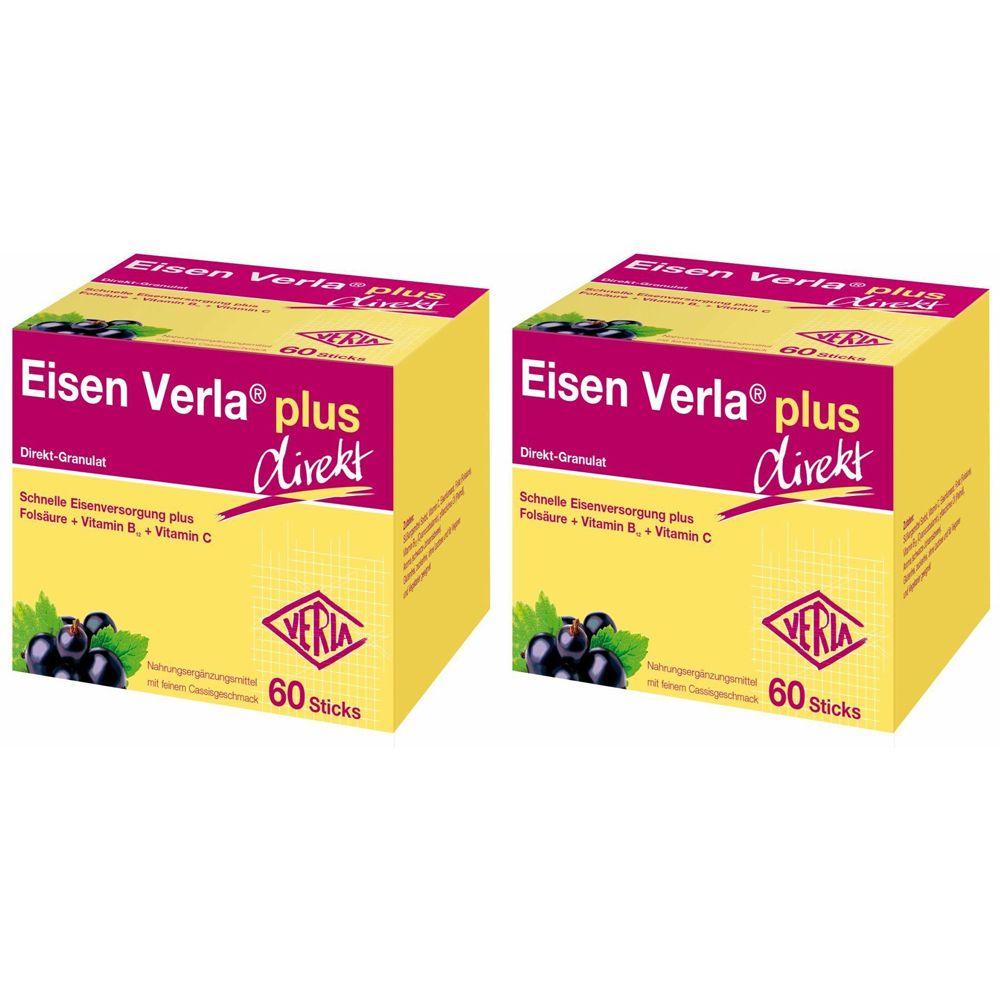 Zwei gelbe Kartons mit der Aufschrift "Eisen Verla plus direkt". Aufdrucke: 60 Sticks, Verla Logo, Johannisbeeren.