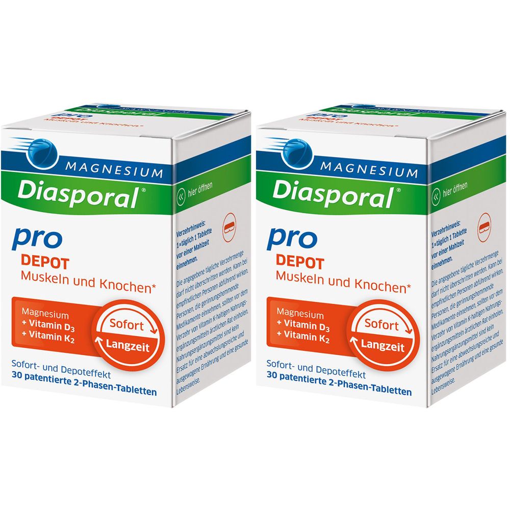 Zwei rechteckige Schachteln. Aufschrift: Magnesium Diasporal pro Depot Muskeln und Knochen. Enthält Magnesium, Vitamin D3 und K2. Sofort- und Langzeiteffekt.