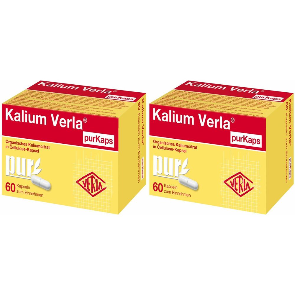 Zwei gelbe Kartons mit roter Aufschrift "Kalium Verla purKaps". Aufschrift: "Organisches Kaliumcitrat in Cellulose-Kapsel". 60 Kapseln.