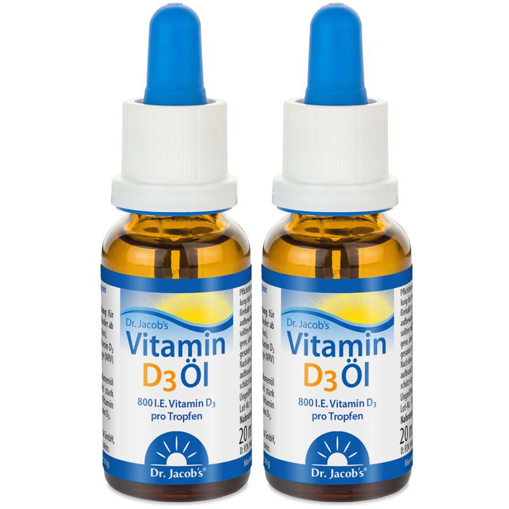 Zwei Flaschen Dr. Jacob's Vitamin D3 Öl mit blauen Tropfern. Etikett mit Produktinformationen.