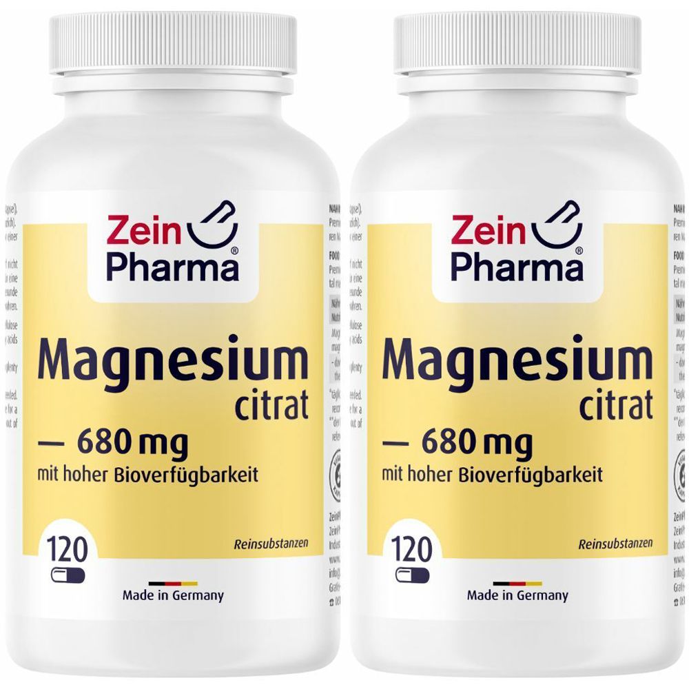 Zwei weiße Flaschen mit Zein Pharma Magnesium Citrat Kapseln. Aufschrift: Magnesium citrat - 680 mg, 120 Kapseln. Hergestellt in Deutschland.