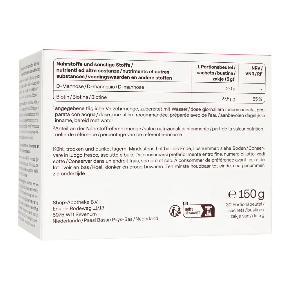 Rückseite einer Packung Redcare Fem D-Mannose. Enthält Informationen zu Nährwerten, Inhaltsstoffen und Hersteller.