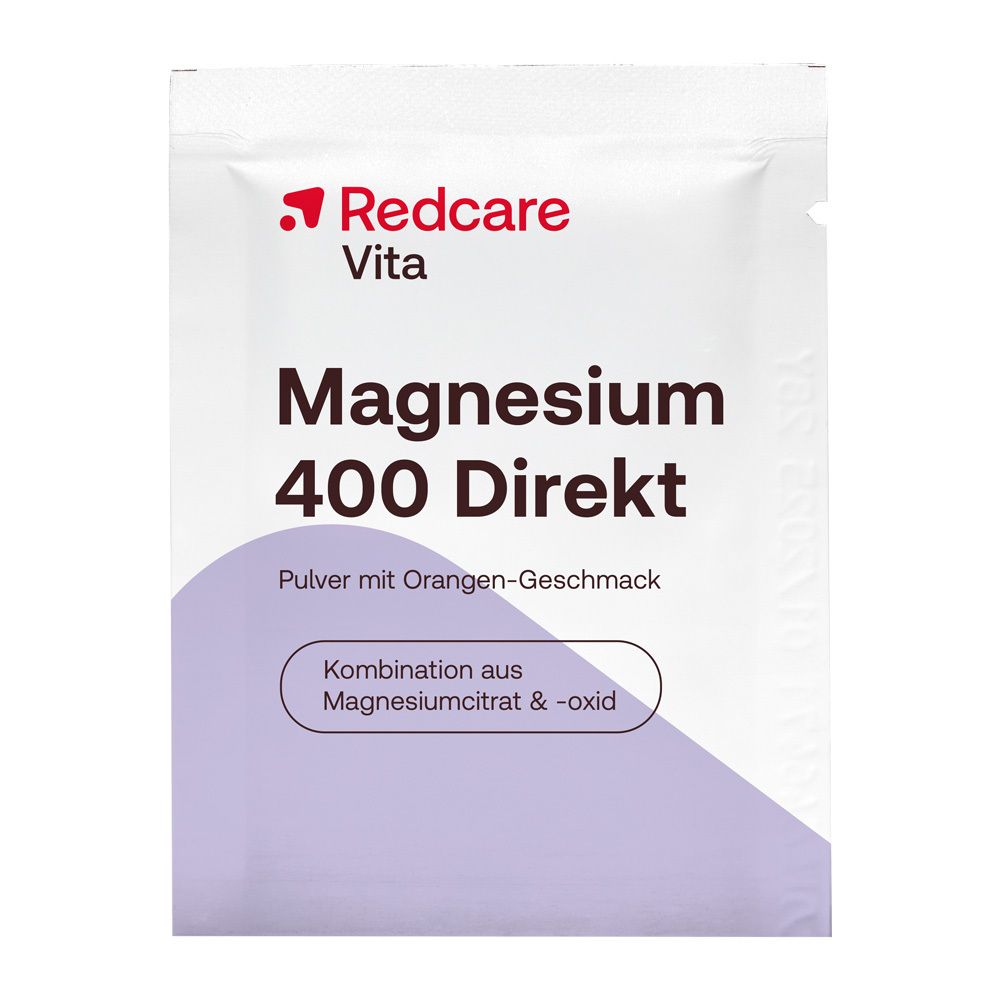 Einzelpackung Redcare Vita Magnesium 400 Direkt. Weiße Verpackung mit Produktinformationen und lila Akzenten.