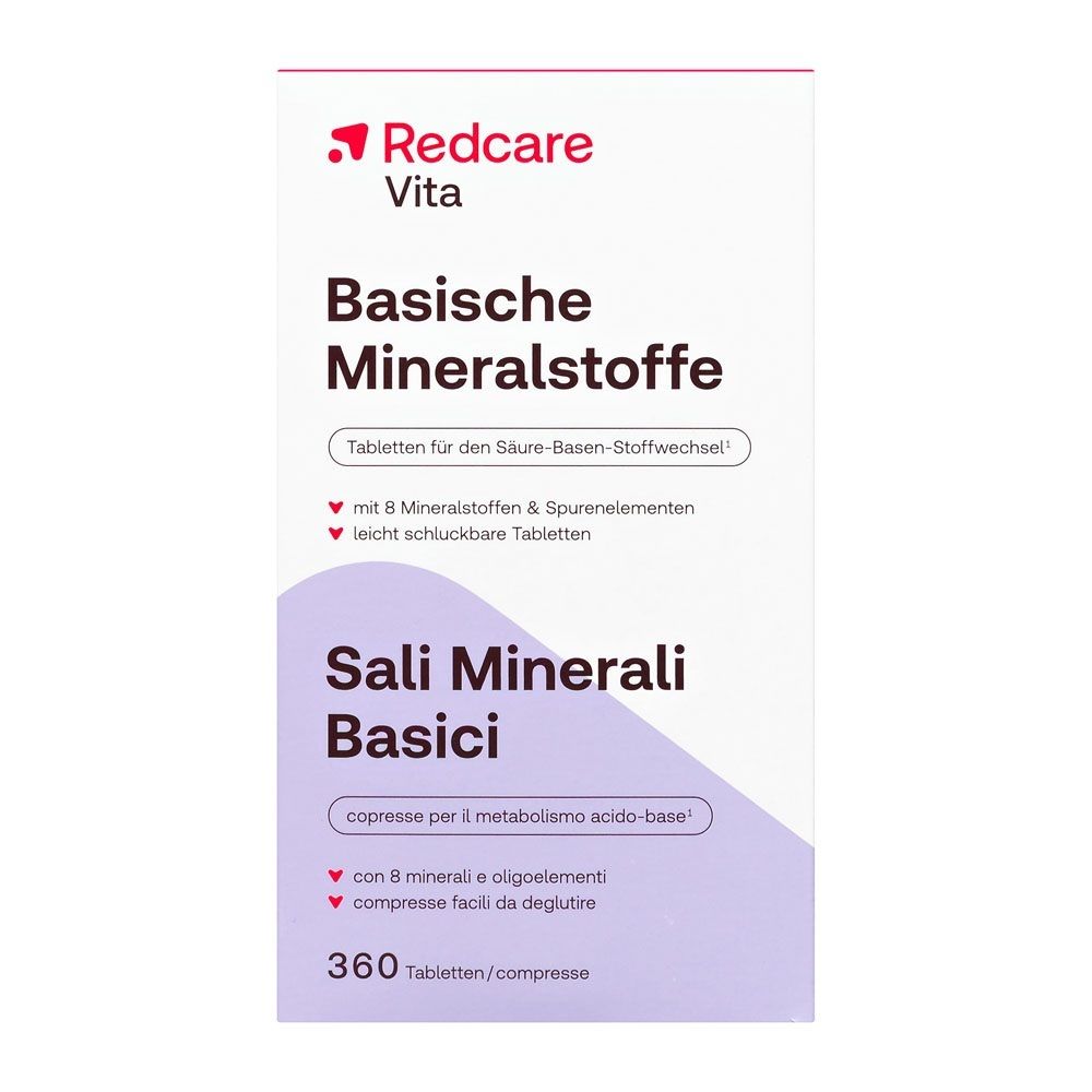 Verpackung Redcare Vita Basische Mineralstoffe mit 360 Tabletten, für den Säure-Basen-Haushalt.
