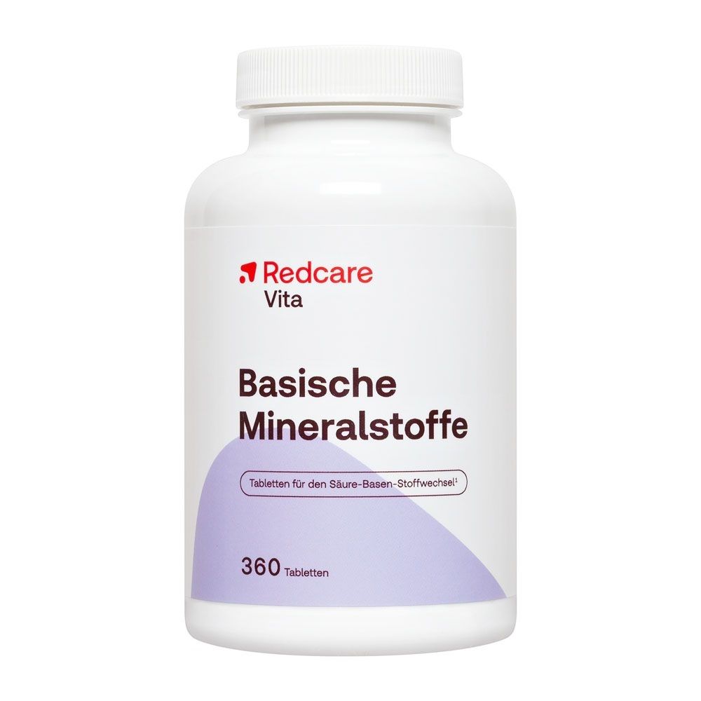 Flasche Redcare Vita Basische Mineralstoffe mit 360 Tabletten, weißer Behälter mit rotem Logo.