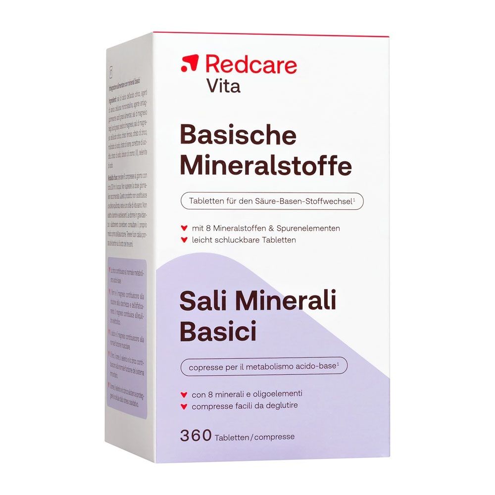 Verpackung Redcare Vita Basische Mineralstoffe, Vorderseite mit Produktinformationen und 360 Tabletten.